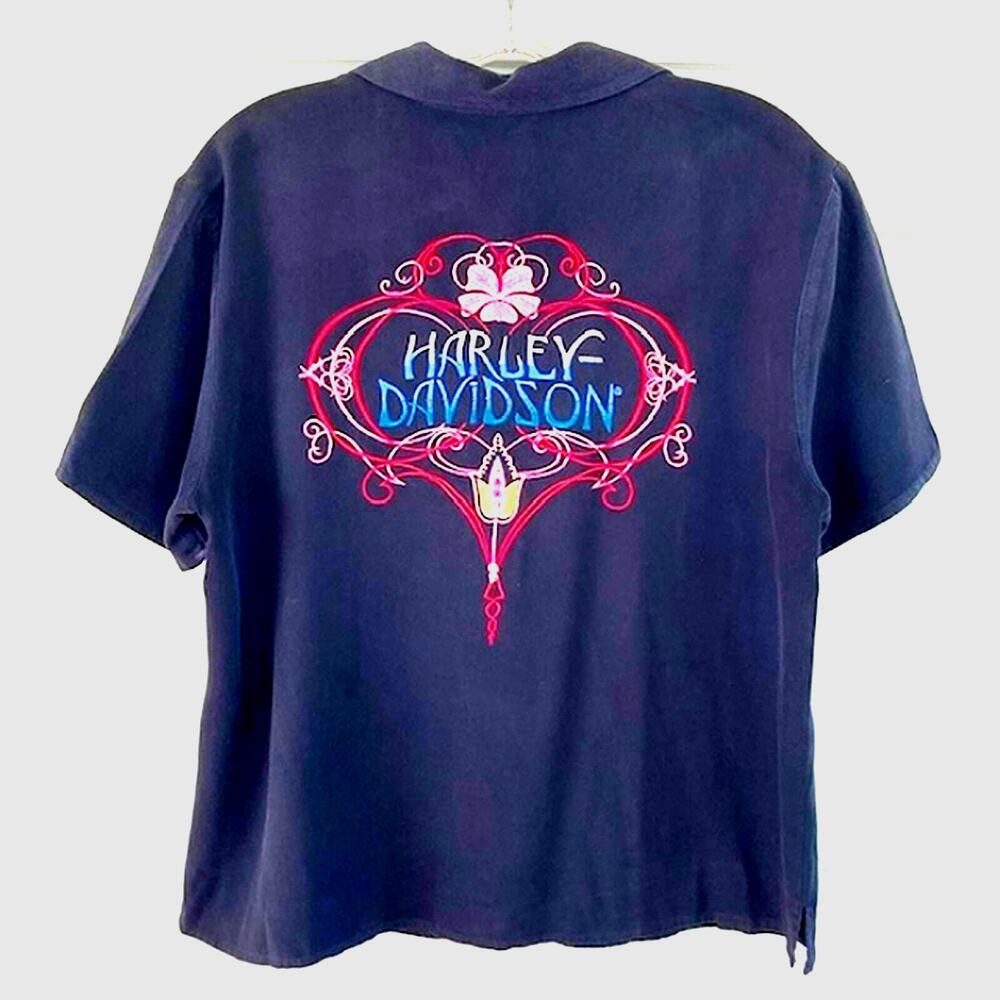 Harley-Davidson Tori Richards Embroidered 100% SILK Button Short Sleeve Top LG